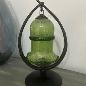 Charming Green Art Glass & Wrought Iron Candle Holder